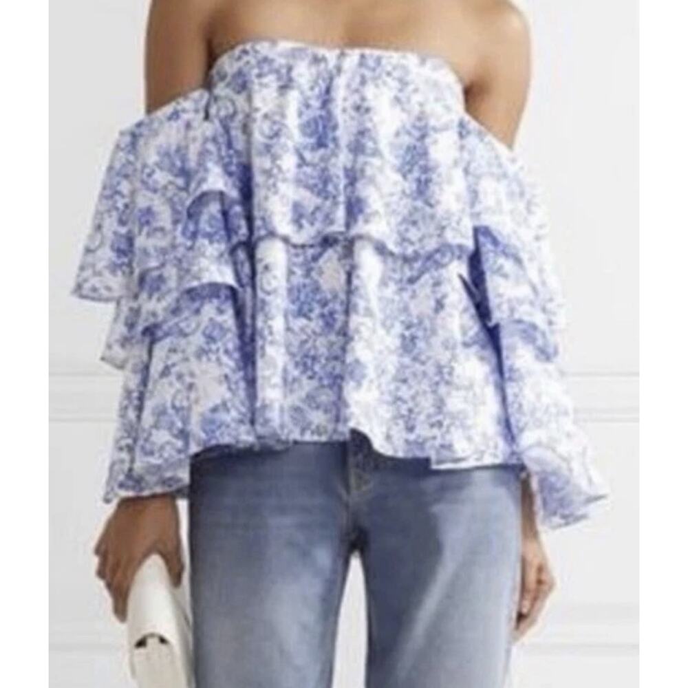 NEW Caroline Constas Carmen Blue Toile Strapless Boutique Ruffle Medium NWT $495